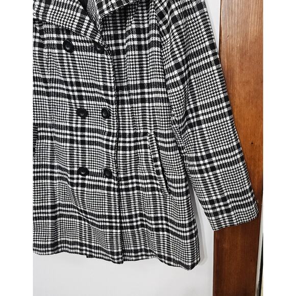 Yoki Plaid Womens Pea Coat Black White Double Breasted Wool Blend Size Large - Picture 8 of 9
